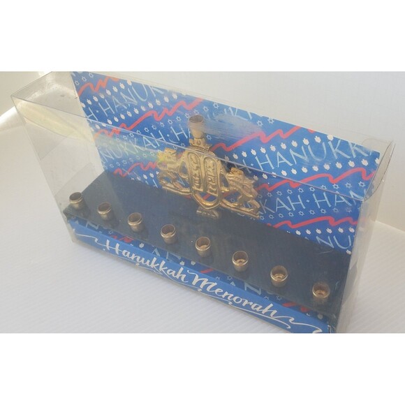 MENORAH Candle Holder JUDAICA Jewish Chanukah Hanukkah VTG Brass Lions Blue Mini - Picture 8 of 9